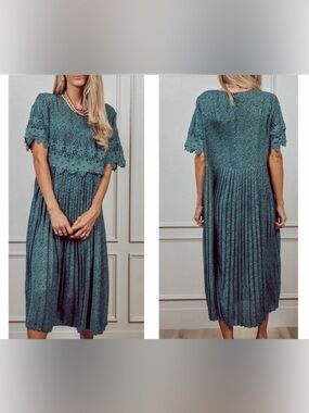 Shop Stevie—Tourqouis Pleated Lace Midi Dress—Size XL